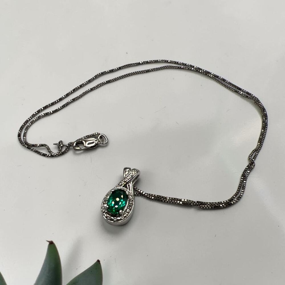 Monograms NYC Sterling Silver Lab Grown Emerald Oval Halo Pendant Necklace 18"